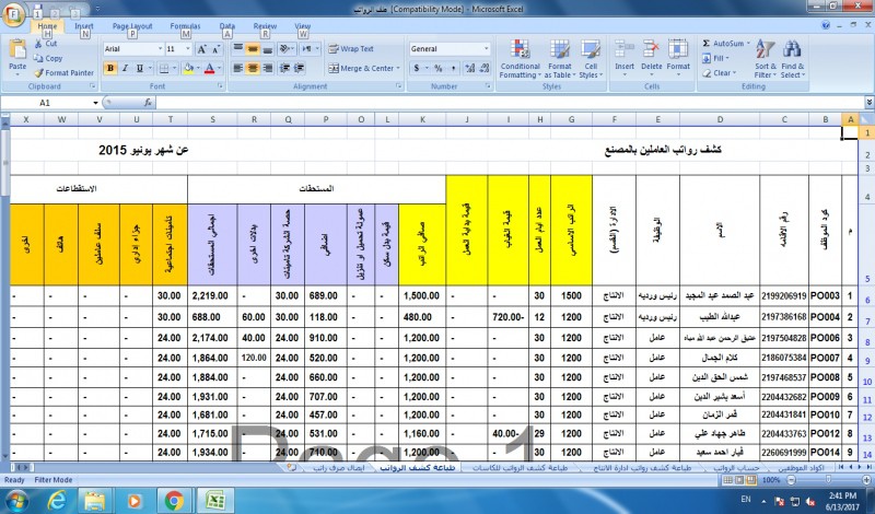 نموذج لرواتب العمال فى الإكسيل